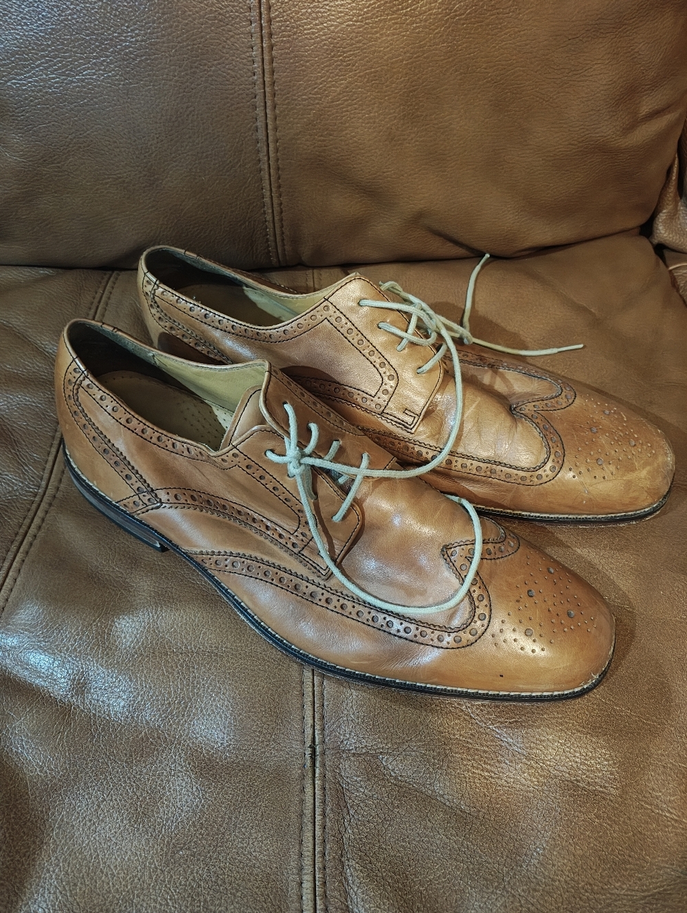 Cole Haan Tan Brogue Wingtip Oxfords with Light Laces